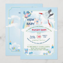 invitación de baby shower de niño con una cigüeña 