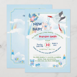 invitación de baby shower de niño con una cigüeña 