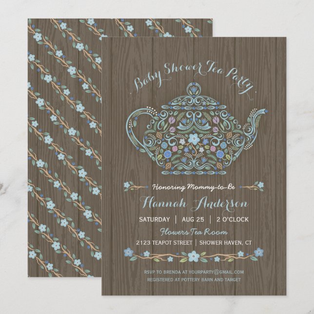 Invitación de Baby Shower de Niño Elegante Tetera  (Anverso / Reverso)