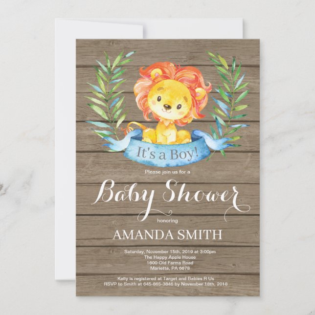 Invitación de Baby Shower de Niño León Rústico (Anverso)