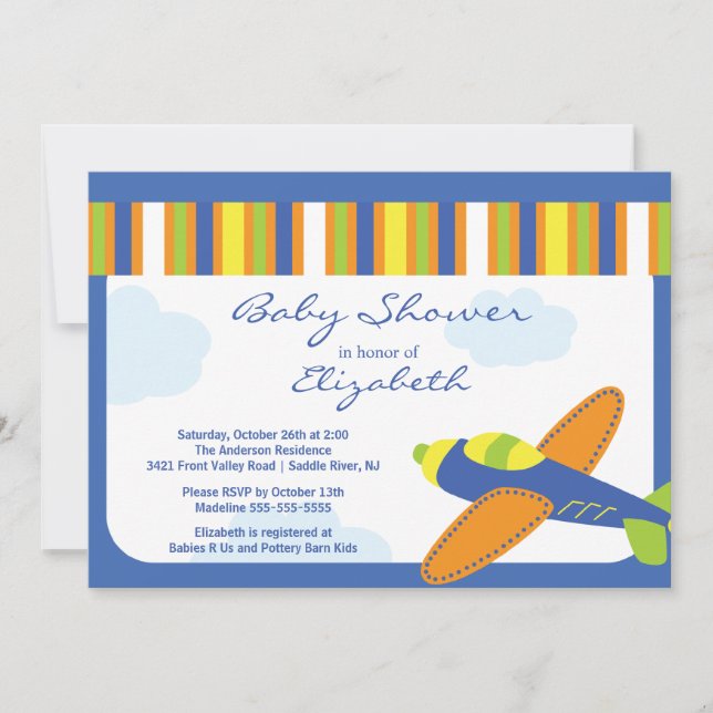Invitación de Baby Shower de niño pequeño avión az (Anverso)