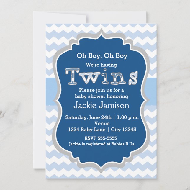 Invitación de Baby Shower de niños GEMELOS azul Ch (Anverso)