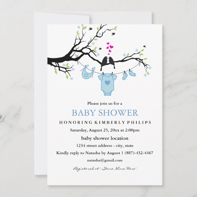 Invitación de Baby Shower de Niños Pájaros de Amor (Anverso)