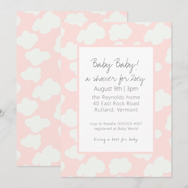 Invitación de Baby Shower de nubes rosadas (Anverso / Reverso)