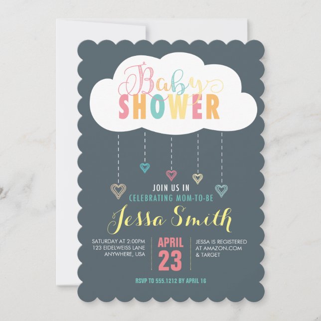 Invitación de Baby Shower de nubes y corazones (Anverso)