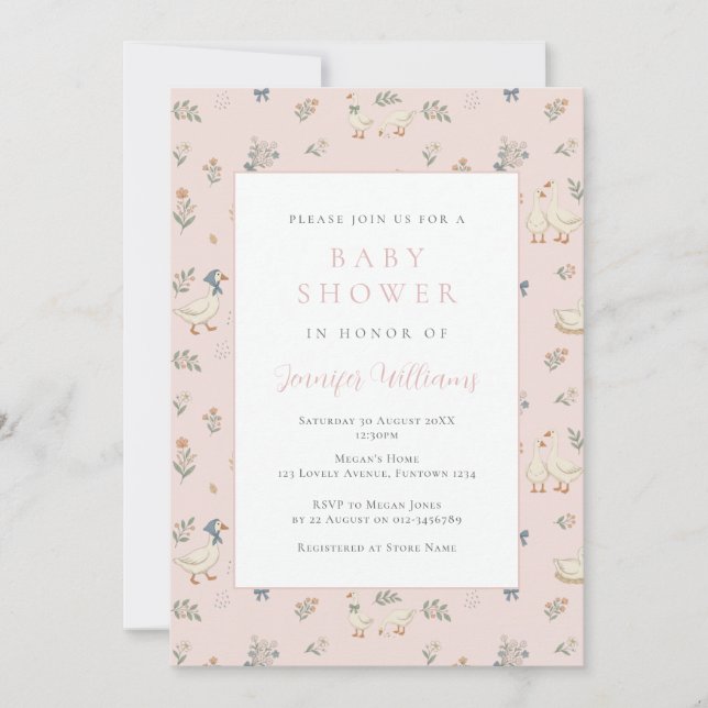 Invitación de baby shower de oca rosa linda (Anverso)