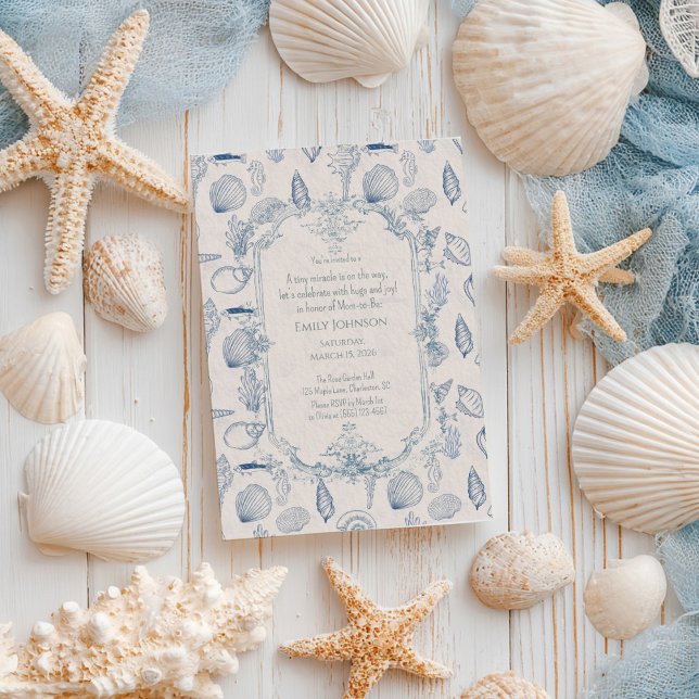 Invitación de baby shower de océano con toile azul (Subido por el creador)