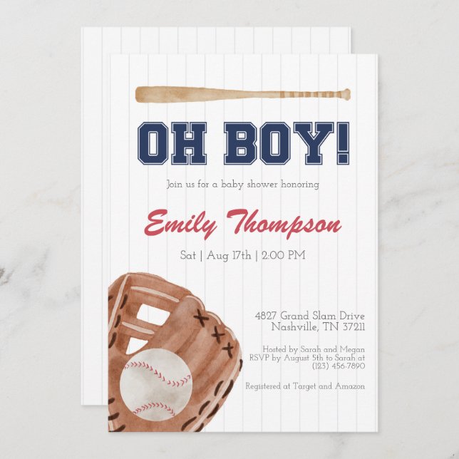 Invitación de Baby Shower de Oh Boy Baseball (Anverso / Reverso)