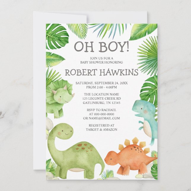 Invitación de Baby Shower de Oh Boy Dinosaur (Anverso)