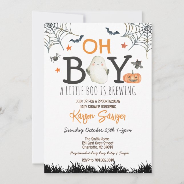 Invitación de Baby Shower de Oh Boy Halloween (Anverso)