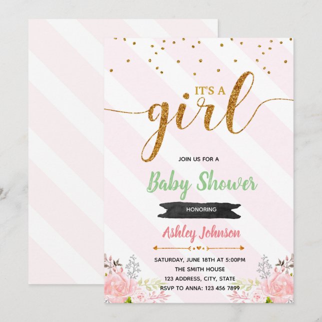 invitación de baby shower de oro rosa (Anverso / Reverso)