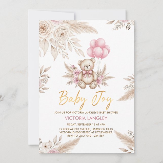 Invitación de Baby Shower de Osito Boho (Anverso)