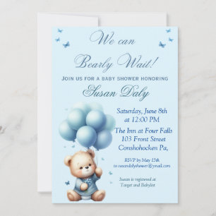 Invitación de baby shower de osito con globos