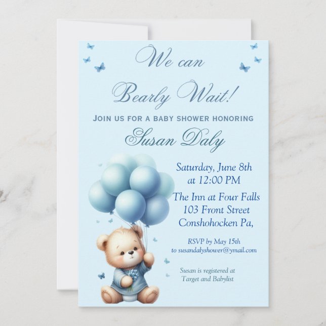 Invitación de baby shower de osito con globos (Anverso)