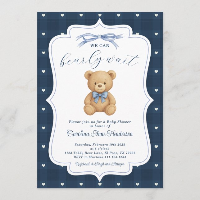 Invitación de Baby Shower de Osito de Peluche (Anverso)