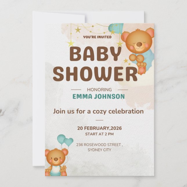 Invitación de Baby Shower de Osito de Peluche (Anverso)