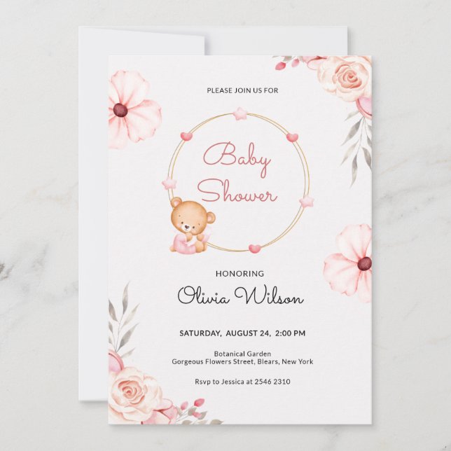Invitación de Baby Shower de Osito de Peluche (Anverso)