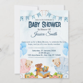 Invitación de Baby Shower de Osito de Peluche Azul