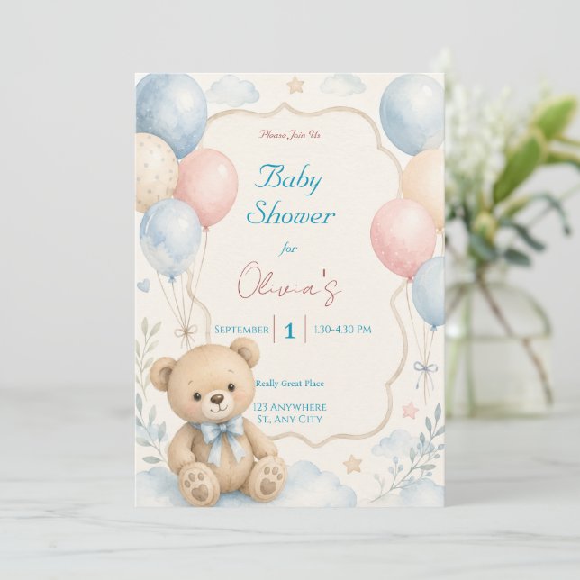 Invitación de baby shower de osito de peluche con  (Anverso de pie)