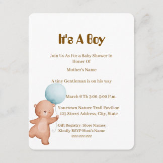 Invitación de Baby Shower de Osito de Peluche Niño