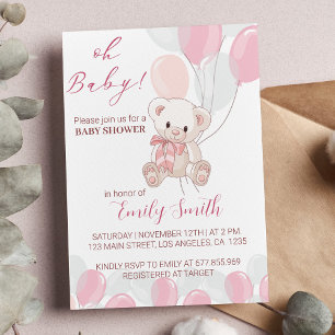 Invitación de Baby Shower de osito de peluche rosa