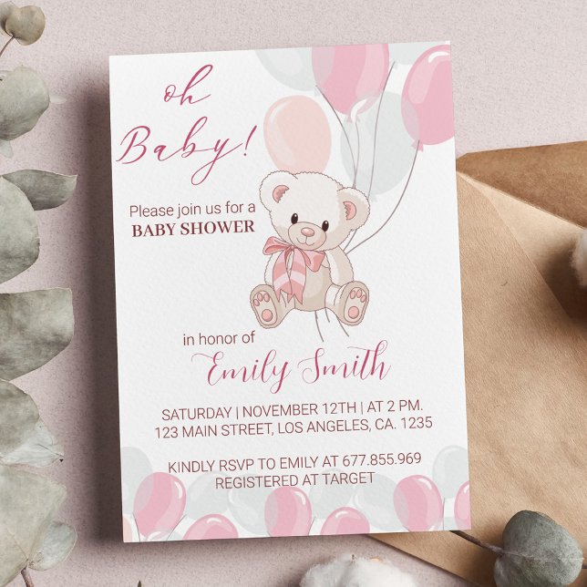 Invitación de Baby Shower de osito de peluche rosa (Subido por el creador)