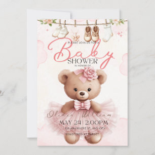 Invitación de Baby Shower de Osito de Peluche Rosa