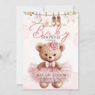 Invitación de Baby Shower de Osito de Peluche Rosa