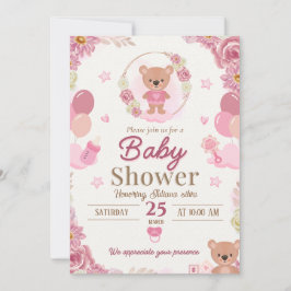 Invitación de Baby Shower de Osito de Peluche Rosa