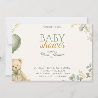 Invitación de baby shower de osito de peluche verd