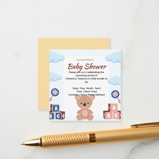 Invitación de Baby Shower de Osito Teddy Adorable (Anverso/Reverso In Situ)