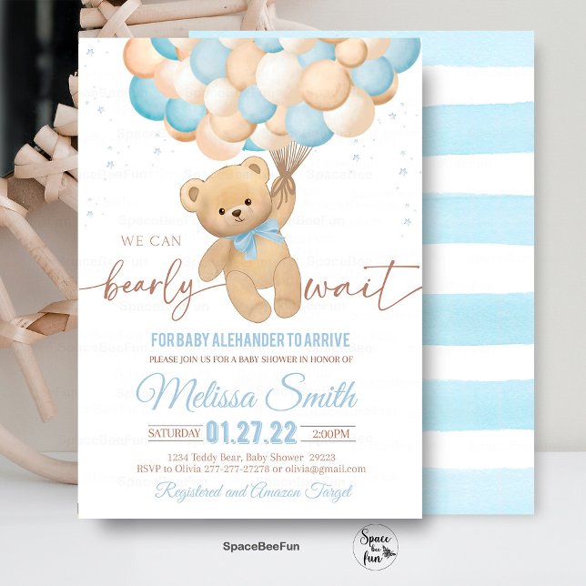 Invitación de Baby Shower de Osito Teddy Osito Ape (Teddy Bear invites,Baby Shower,Invitation,We Can Bearly,Wait Boy, hot air balloon,Bear Theme,Baby Sh)