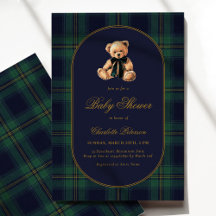 Invitación de baby shower de oso a cuadros vintage