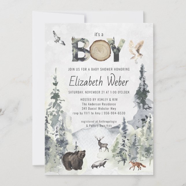 Invitación de Baby Shower de Oso Bosque Rústico (Anverso)