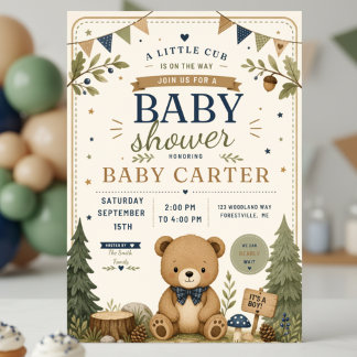 Invitación de baby shower de oso de bosque para ni
