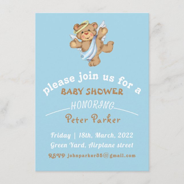 invitación de Baby Shower de oso de peluche azul m (Anverso)