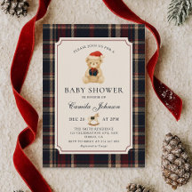Invitación de baby shower de oso de peluche tartán