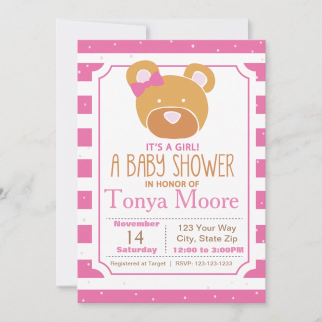 Invitación de Baby Shower de oso rosa (Anverso)