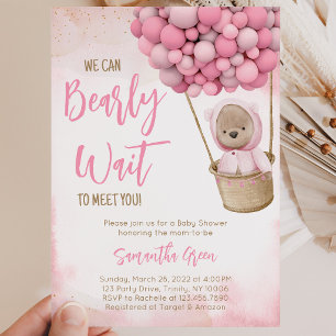 Invitación de Baby Shower de Oso Rosa en Globo