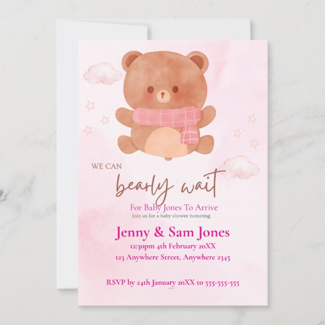 Invitación de Baby Shower de Oso Rosa | Personaliz (Anverso)