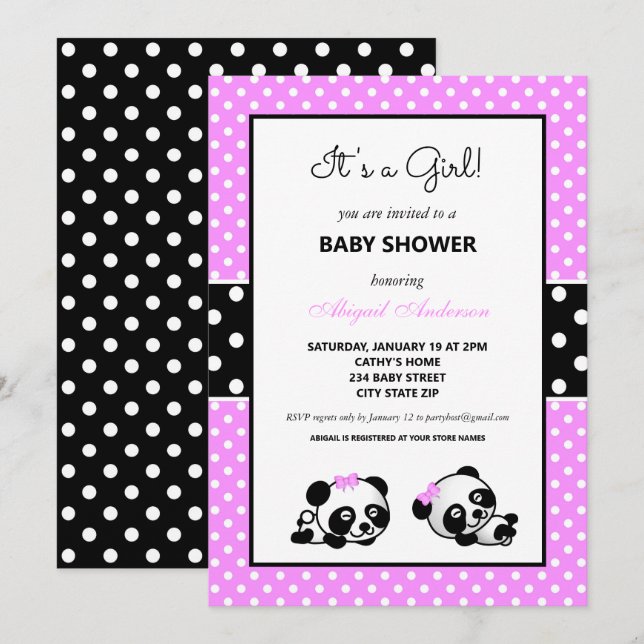 Invitación de Baby Shower de oso rosa y negro de p (Anverso / Reverso)