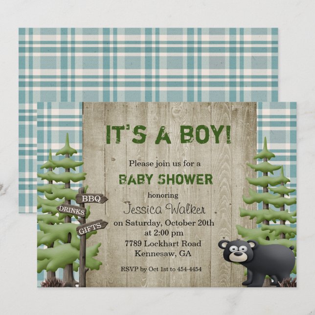 Invitación de Baby Shower de Oso Rústico Niño (Anverso / Reverso)