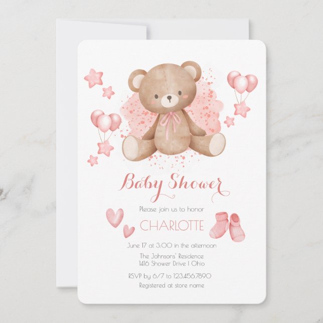 Invitación de Baby Shower de Oso Teddy Rosa (Anverso)