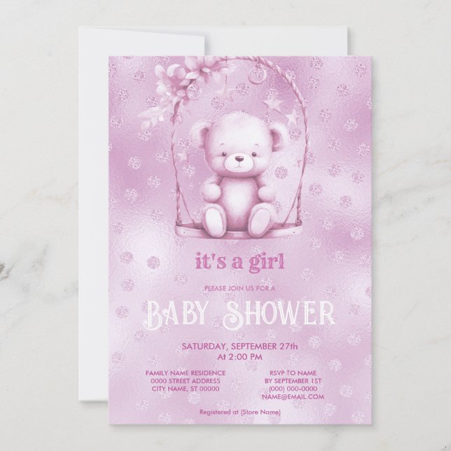 Invitación de Baby Shower de Oso Teddy Rosa (Anverso)