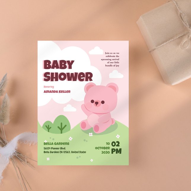 Invitación de Baby Shower de Oso Teddy Rosa (Subido por el creador)