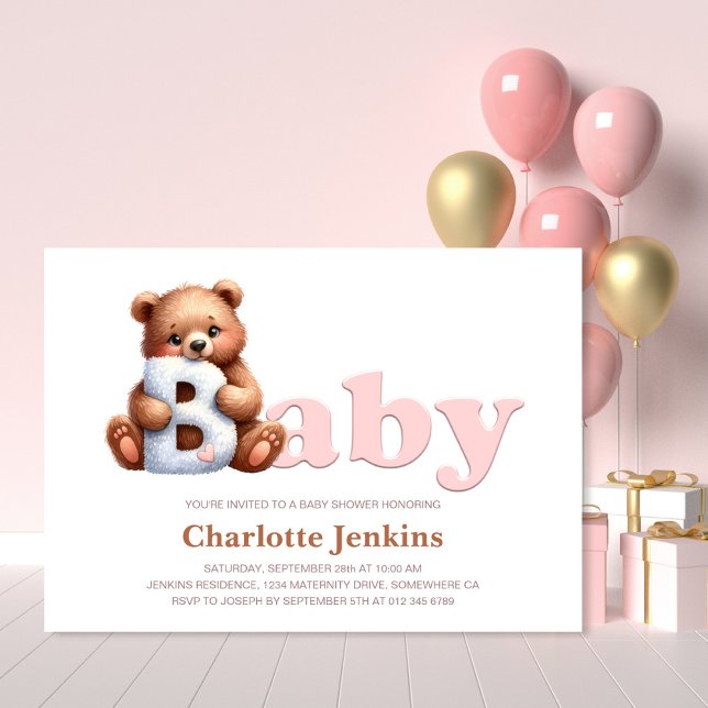 Invitación de Baby Shower de Oso Teddy Rosa (Subido por el creador)