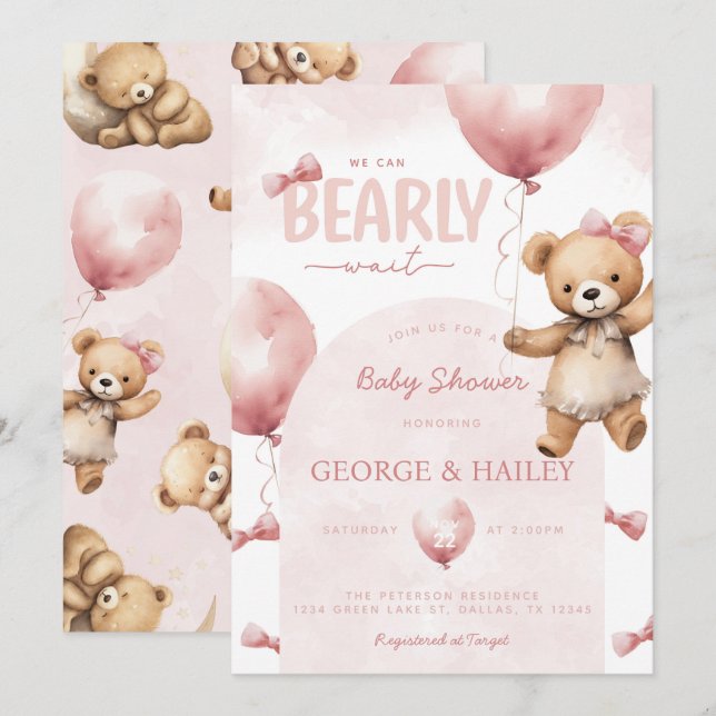 Invitación de Baby Shower de Oso Teddy Rosa (Anverso / Reverso)
