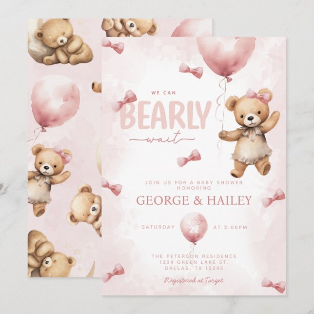 Invitación de Baby Shower de Oso Teddy Rosa