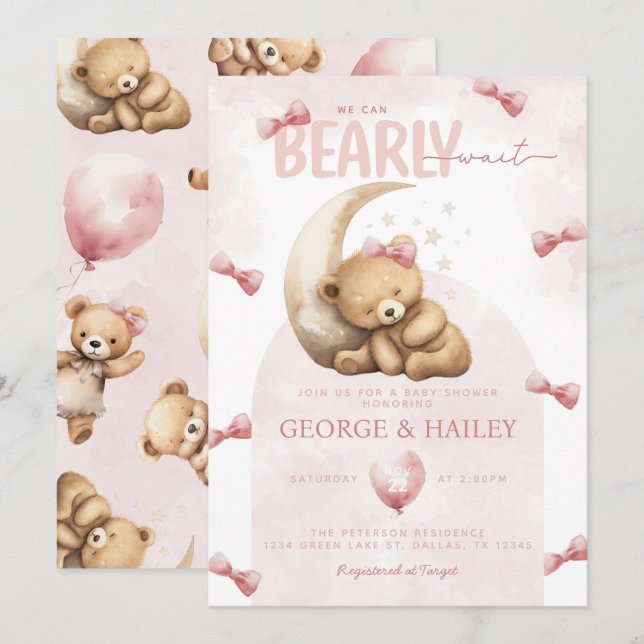 Invitación de Baby Shower de Oso Teddy Rosa (Anverso / Reverso)