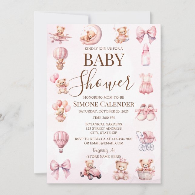 Invitación de Baby Shower de Oso Teddy Rosa (Anverso)